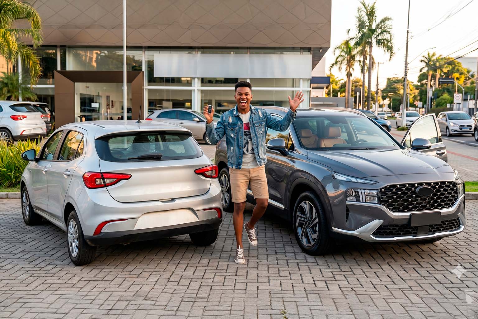 Rapaz feliz após ter feito um “upgrade” de automóvel, faz a transição simbólica de um carro de entrada para um SUV mais premium.